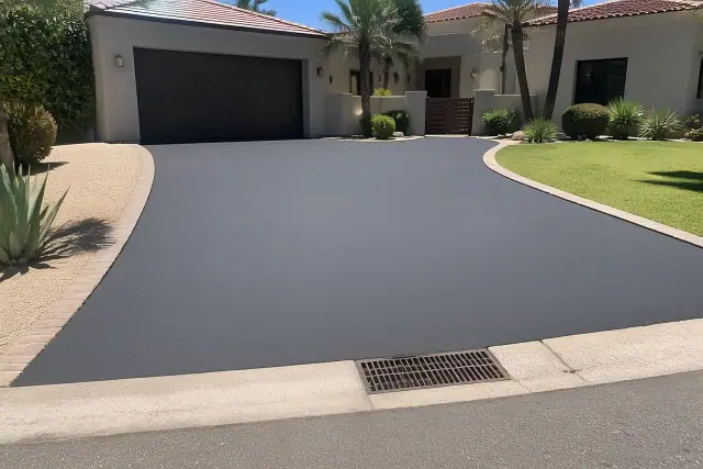 Newly resurfaced smooth asphalt driveway in front of a residential home in Scottsdale, AZ.