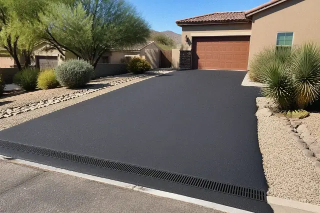 A newly paved asphalt driveway with proper drainage and grading in a Scottsdale, AZ residential neighborhood.
