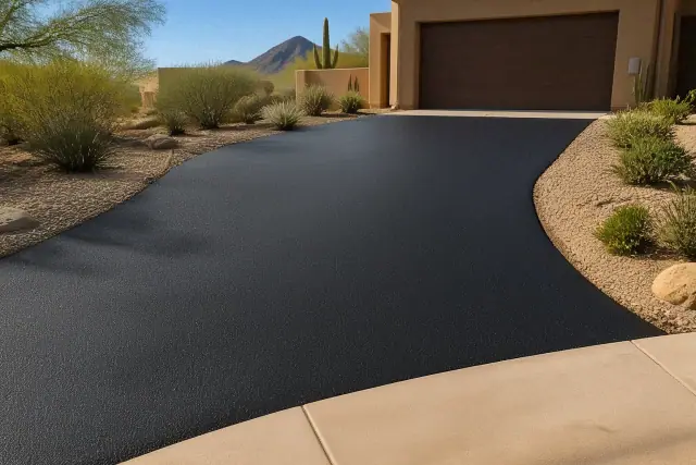 Newly resurfaced asphalt driveway at a residential home in Scottsdale, AZ.