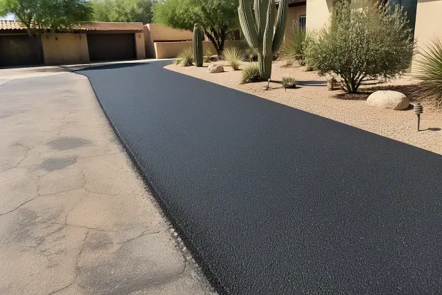 Freshly paved dark asphalt driveway at a residential home in Scottsdale, AZ.