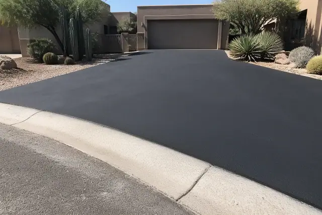 Freshly paved asphalt driveway leading to a residential garage in a sunny Scottsdale, AZ neighborhood.