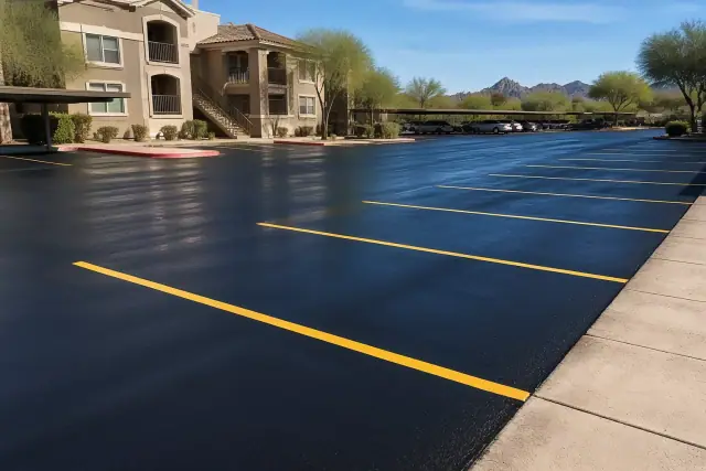 Freshly sealcoated apartment parking lot with yellow stripes in Apache Junction, AZ.