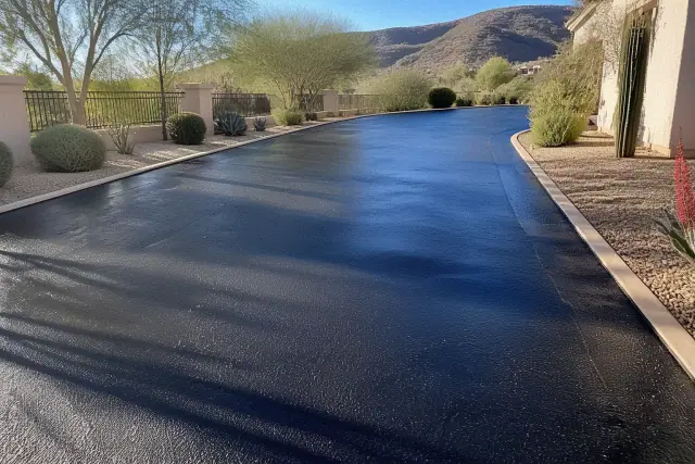 Freshly sealcoated black asphalt driveway at a desert property in Scottsdale, AZ.