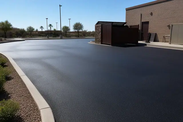 Freshly paved asphalt parking lot behind a restaurant in Chandler, AZ.