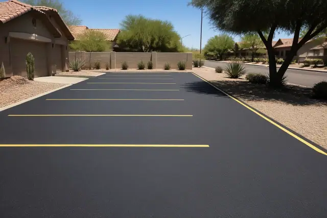 Freshly paved asphalt driveway with new yellow parking striping in a residential area of Peoria, AZ.