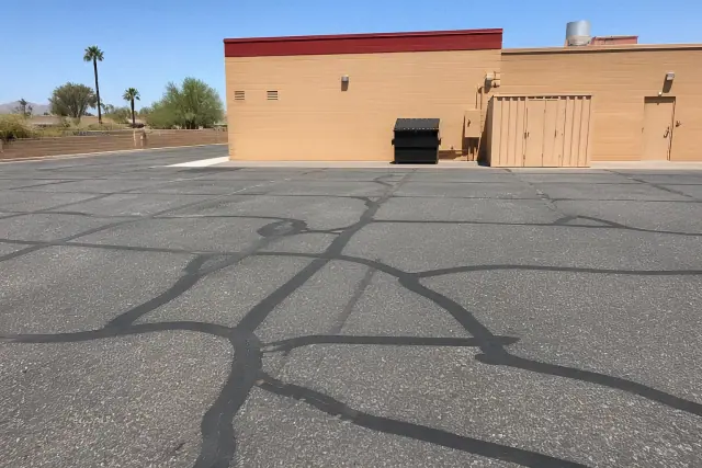 Freshly sealed asphalt cracks in a restaurant parking lot in Apache Junction, AZ.