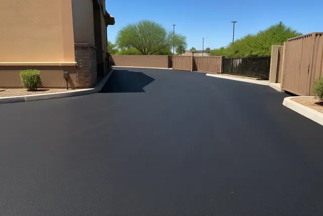 Freshly paved asphalt parking lot with clean concrete curbs behind a restaurant in Tempe, AZ.