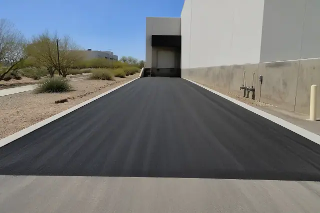 Freshly paved asphalt driveway at a warehouse facility in Ahwatukee, AZ.