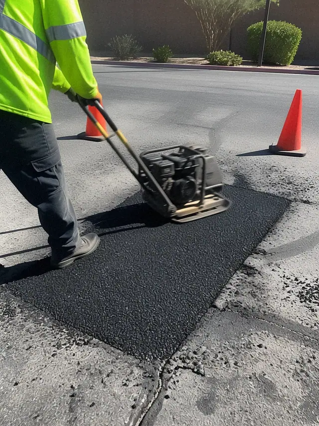 Technician using a vibrating plate compactor on a fresh asphalt patch in a Scottsdale, AZ business lot.
