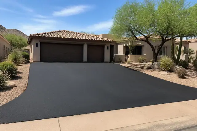 Newly paved asphalt driveway at a residential home in Scottsdale, AZ.