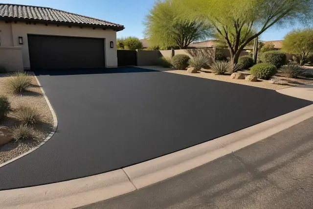 Freshly paved black asphalt driveway at a residential home in Scottsdale, AZ.