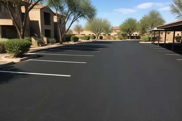 Freshly paved asphalt parking lot with white stall lines at an apartment complex in Glendale, AZ.