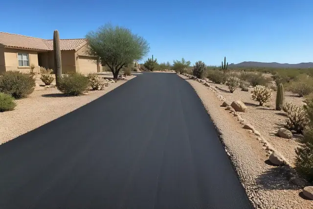 Freshly paved asphalt loading drive at a warehouse in Apache Junction, AZ.