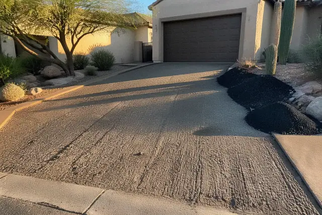 Freshly milled asphalt residential driveway with landscaping in the late afternoon sun in Scottsdale, AZ.