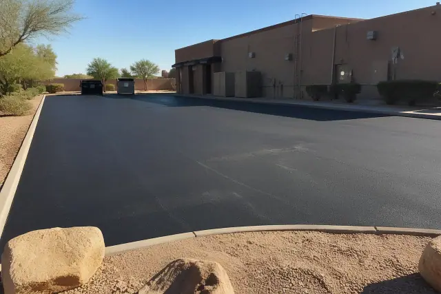 Freshly sealed crack in a parking lot pavement at a retail center in Queen Creek, AZ.