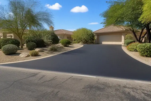 Freshly paved black asphalt driveway at a residential home in Scottsdale, AZ.