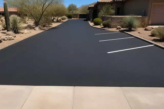 Newly sealcoated asphalt driveway with fresh white parking lines at a home in Scottsdale, AZ.