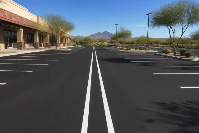 Newly painted bright white parking space lines on fresh asphalt at a retail center in Scottsdale, AZ.