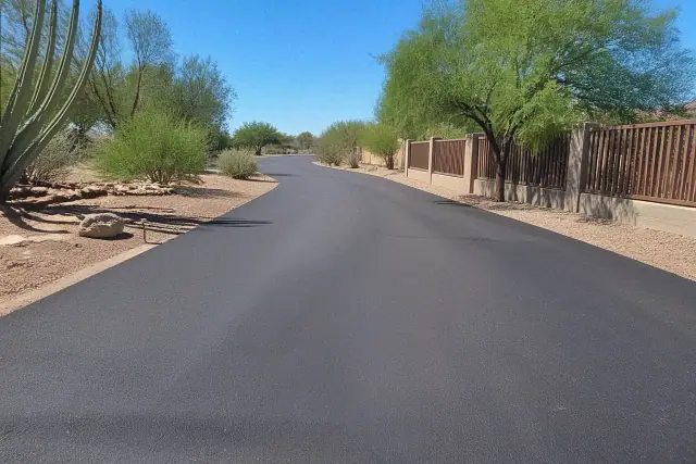 Newly paved dark asphalt driveway with desert landscaping on a quiet residential street in Scottsdale, AZ.