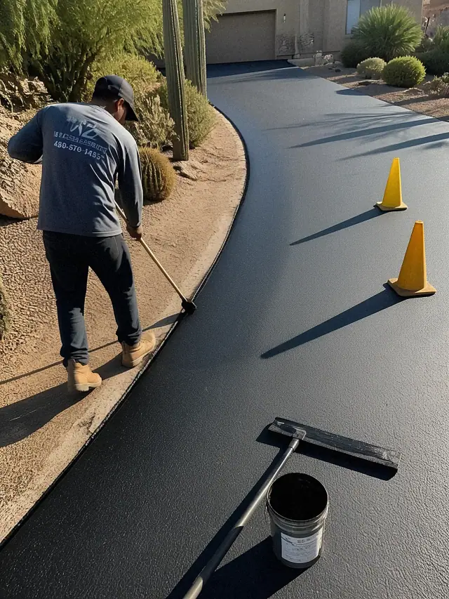 Technician applying black asphalt sealer to a residential driveway in Scottsdale, AZ.