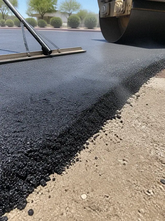 Freshly paved asphalt surface with a roller and equipment in a parking lot in Scottsdale, AZ.