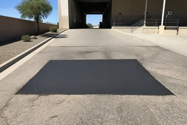 Freshly paved asphalt patch on a warehouse loading drive in Mesa, AZ.