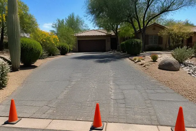 Cracked asphalt driveway in Scottsdale, AZ, prepared with traffic cones before a sealing project.