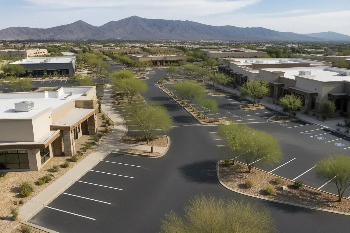 Aerial view of a paved asphalt parking lot at an office complex in Scottsdale, AZ with desert mountains in the distance.