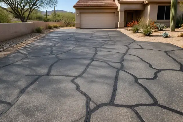 Freshly sealed cracks on a residential asphalt driveway in Scottsdale, AZ.