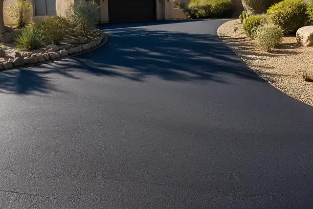 Freshly repaired asphalt driveway patch at a residence in Scottsdale, AZ.