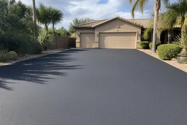 Freshly paved asphalt driveway at a residential home in Scottsdale, AZ.