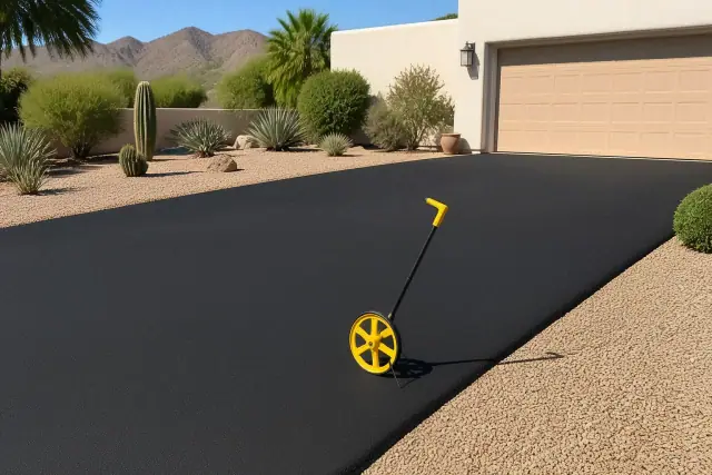 Freshly sealed black asphalt driveway at a residential home in Scottsdale, AZ with a yellow measuring wheel.
