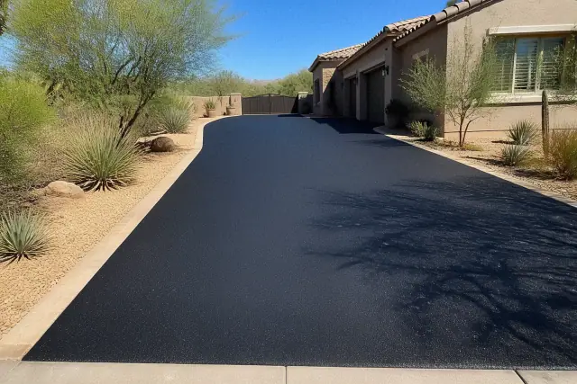 Freshly seal-coated black asphalt driveway in front of a residential home in Scottsdale, AZ.