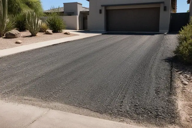 Newly milled asphalt driveway prepared for resurfacing at a residential home in Scottsdale, AZ.