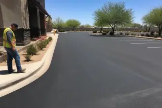 Contractor inspecting the clean edges of a new asphalt parking lot at a retail property in Scottsdale, AZ.