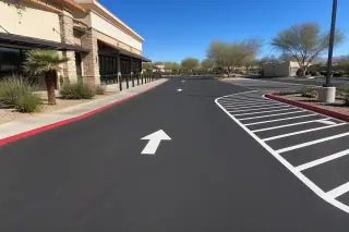 Freshly paved asphalt parking lot with painted traffic markings at a retail property in Scottsdale, AZ.