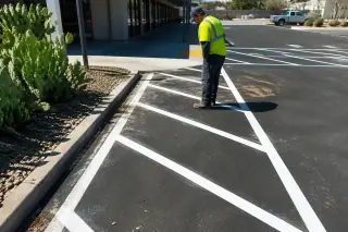 Contractor inspecting fresh parking lot lines and desert landscaping at a retail property in Scottsdale, AZ.