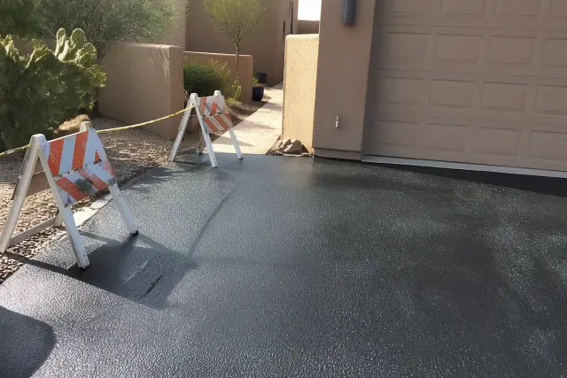 Fresh asphalt sealcoat with barricades and desert landscaping at a residential jobsite in Scottsdale, AZ.