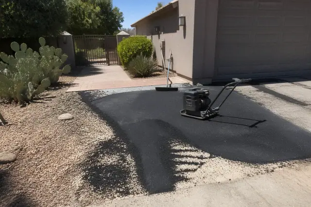 Asphalt repair in progress at a residential home with desert landscaping in Scottsdale, AZ.