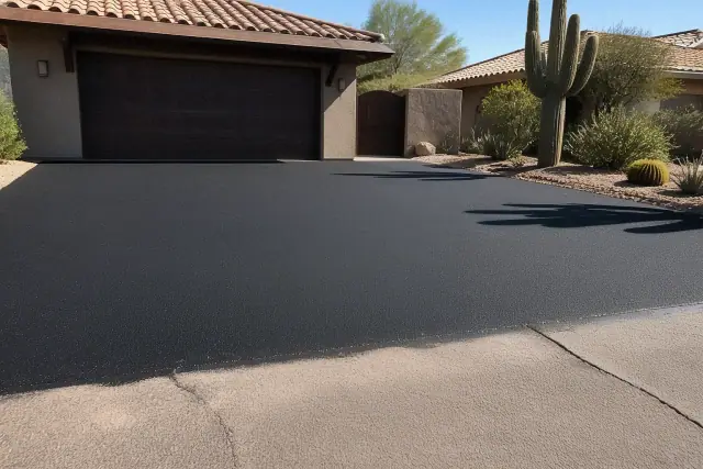 Newly paved asphalt driveway at a residential home in Scottsdale, AZ.
