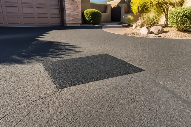 Freshly repaired asphalt patch on a residential driveway in Scottsdale, AZ.