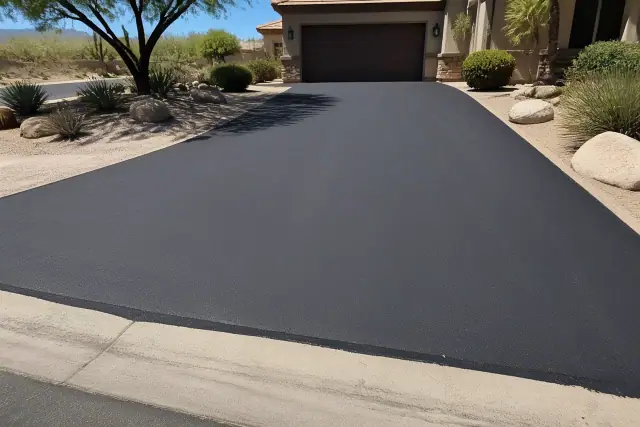 Freshly paved dark asphalt driveway in a residential yard under bright sun in Scottsdale, AZ.