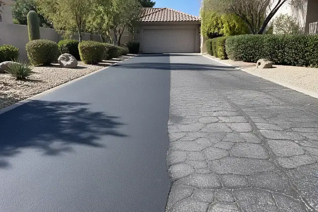 Freshly repaired asphalt driveway in a residential neighborhood in Scottsdale, AZ.