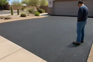 Contractor inspecting a fresh asphalt driveway with desert xeriscaping in Surprise, AZ.