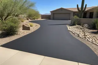 Smooth black asphalt driveway with clean edges next to desert rock landscaping in Surprise, AZ.