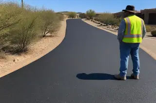 Technician inspecting a freshly paved asphalt driveway at a residential home in Surprise, AZ.