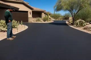 Contractor inspecting a smooth black sealcoated driveway with desert cacti in Surprise, AZ.