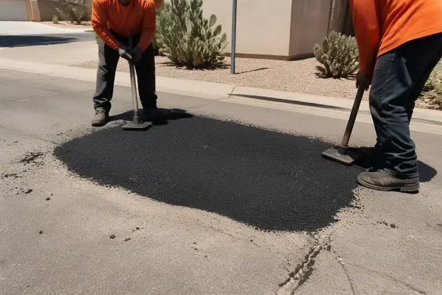 Workers repairing a pothole with fresh asphalt and hand tampers in a residential area of Surprise, AZ.