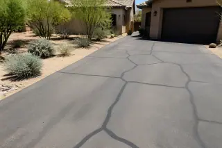 Dark rubberized sealant filling cracks on a residential driveway in Surprise, AZ, surrounded by desert landscaping.