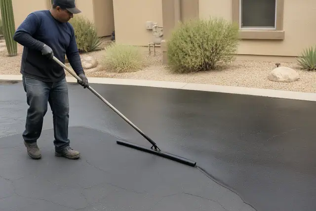 Worker using a long-handled squeegee to apply black sealant to an asphalt driveway in Surprise, AZ.